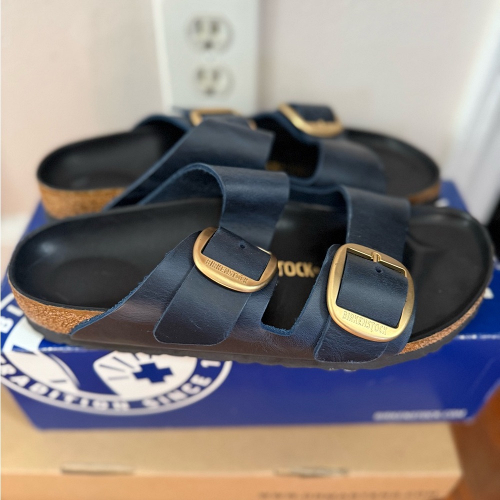 Birkenstock Navy Sandals with Brass Buckle